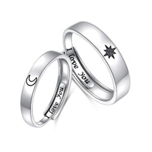 ladytree 2pcs 925 sterling silver adjustable rings couples promise engagement rings for him and her set sun and moon 2in1 i love you rings