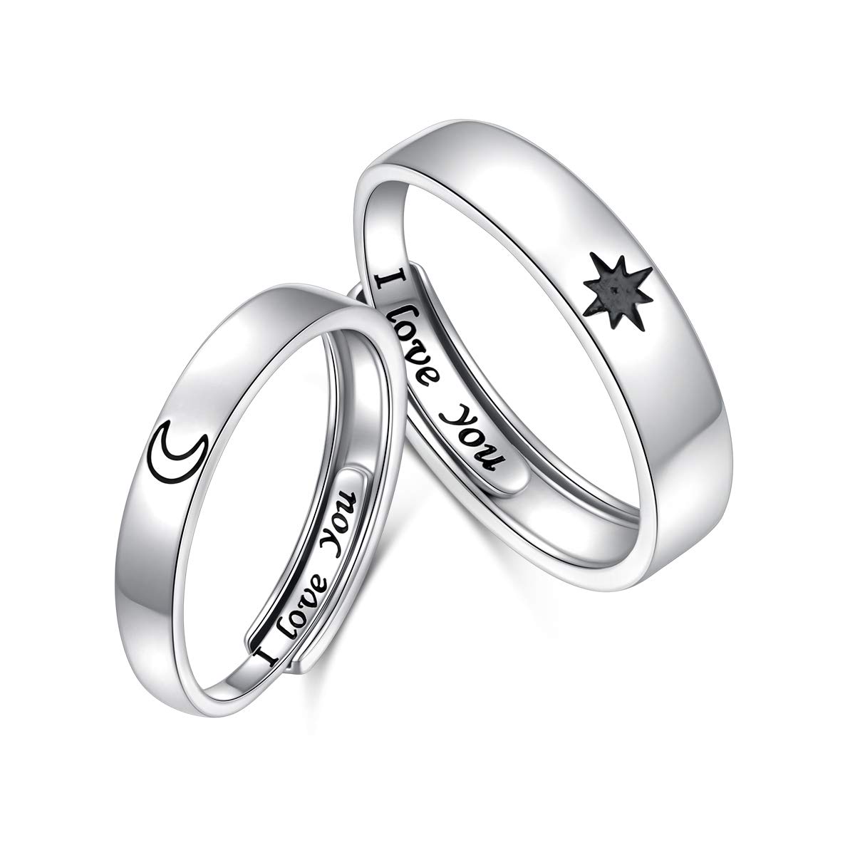 Ladytree 2PCS 925 Sterling Silver Adjustable Rings Couples Promise Engagement Rings for Him and Her Set Sun and Moon 2In1 I Love You Rings