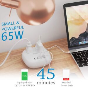 Ceptics 65W USB Power Strip, Surge Protection Small Compact, Dual USB + USB-C, 2 Grounded USA Outlets Input QC 3.0 PD Fast Charging Quick Charge Power Delivery SmartVoltage Technology Charging Hub