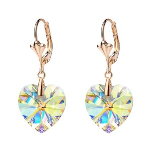 austrian crystal heart drop leverback earrings for women fashion dangle earring 14k rose gold plated hypoallergenic jewelry (aurora borealis)