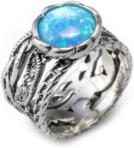 joolala 1.60 carat created round blue opal cabuchon cut 925 sterling silver ring - valentine band for her, size - 8