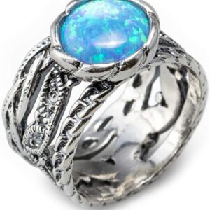 Joolala 1.60 Carat Created Round Blue Opal Cabuchon Cut 925 Sterling Silver Ring - Valentine Band for Her, Size - 8