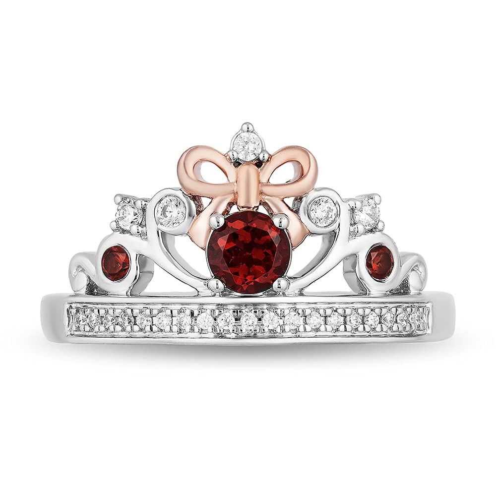 Jewelili Enchanted Disney Fine Jewelry 14K Rose Gold Over Sterling Silver 1/10 Cttw Diamond and Red Garnet Snow White Tiara Ring, Size 9