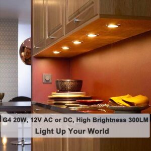 G4 Light Bulb, G4 Halogen Bulbs 20W, 10PCS G4 Bulb 12V AC/DC Dimmable, G4 Bi-Pin Base 2800K Warm White with Long Lasting Lifetime, High Brightness 300LM T3 JC Type, G4 Light for Cabinet Light Bulbs.