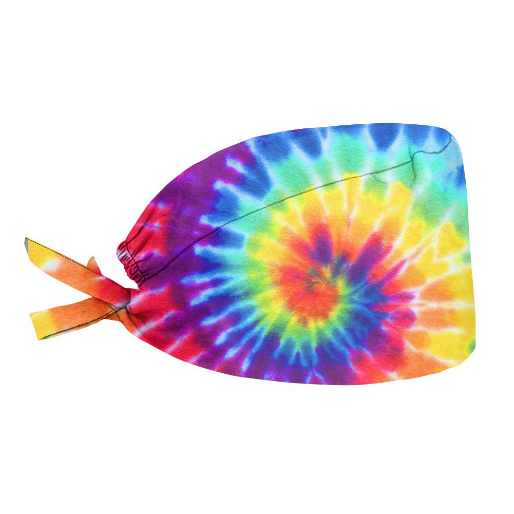 JEOCODY Colorful Rainbow Tie Dye Unisex Women Men One Size Working Cap,Adjustable Tie Back Head Covers Fashional Hats with Comfortable Sweatband