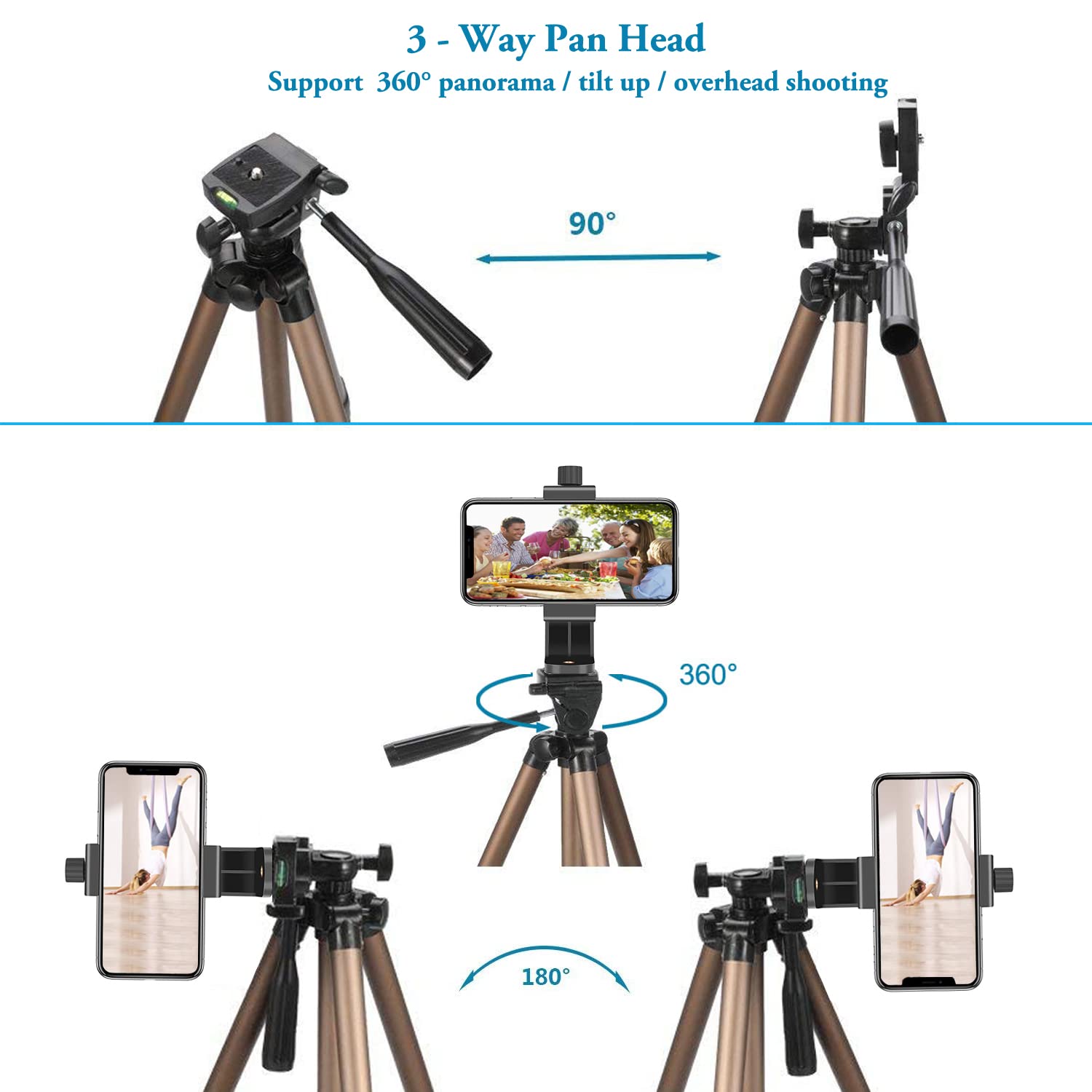 Phone Tripod,51in Adustable Video Recording Camera Tripod Stand with Cellphone Rotation Mount Holder and Bluetooth Remote Compatible with iPhone/Android/DSLR Camera/Action Camera GoPro - Champagne