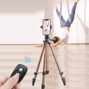 Phone Tripod,51in Adustable Video Recording Camera Tripod Stand with Cellphone Rotation Mount Holder and Bluetooth Remote Compatible with iPhone/Android/DSLR Camera/Action Camera GoPro - Champagne