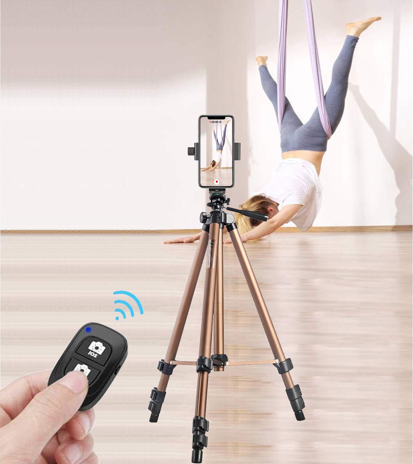 Phone Tripod,51in Adustable Video Recording Camera Tripod Stand with Cellphone Rotation Mount Holder and Bluetooth Remote Compatible with iPhone/Android/DSLR Camera/Action Camera GoPro - Champagne