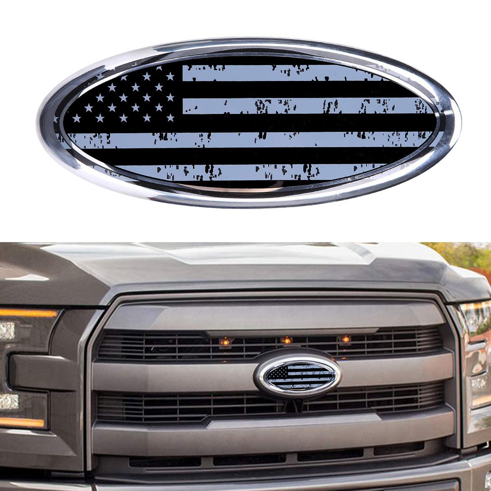 9 Inch Metal Replacement Emblem for Ford, American Flag Front Grille Emblem F150 Emblem Ford Tailgate Emblem Oval 9"X3.5" Fits for 04-14 F250 F350, 11-14 Edge, 11-16 Explorer, 06-11 Ranger (Grey)