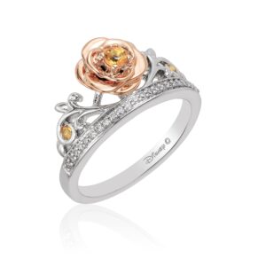 Jewelili Disney Princess Belle Inspired Rose Ring with 1/10 CTTW Diamonds and Yellow Citrine in 14K Rose Gold over Sterling Silver Size 9 Enchanted Disney Fine Jewelry