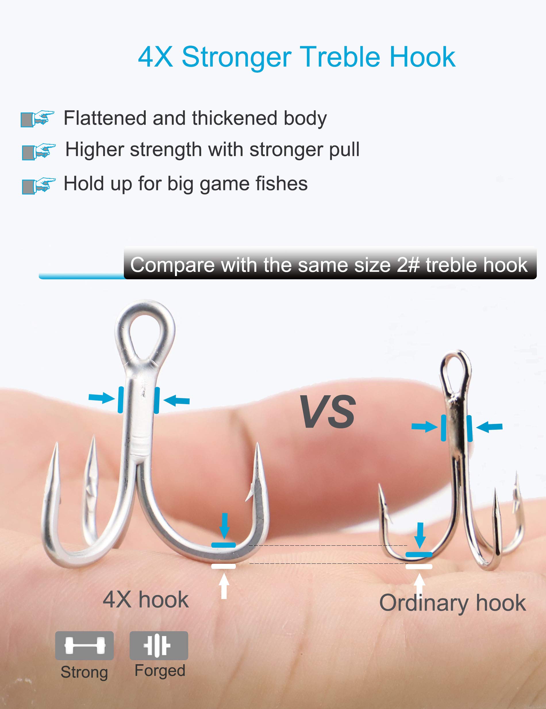 Beoccudo Saltwater Treble Hooks Large Size 4X Strong Triple Fishing Hooks for Big Game Trout Bluefish Salmon Kingfish