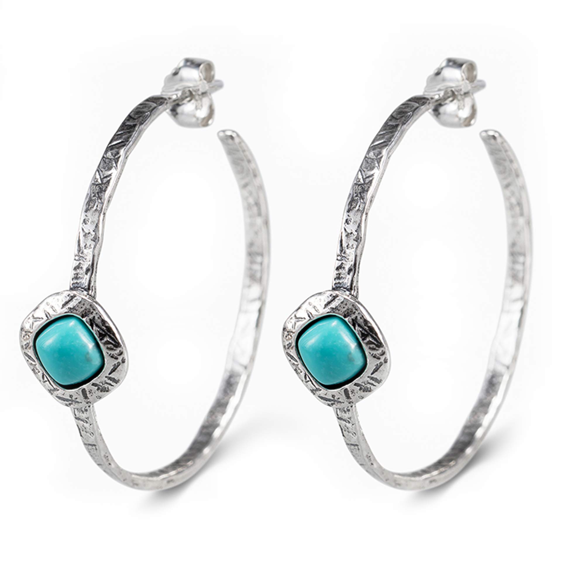 Joolala Silver Hoop Turquoise Earrings - 2 Carats Green Cabuchone Turquoise Cushion Cut Post and Nut Hoop Earrings for Women