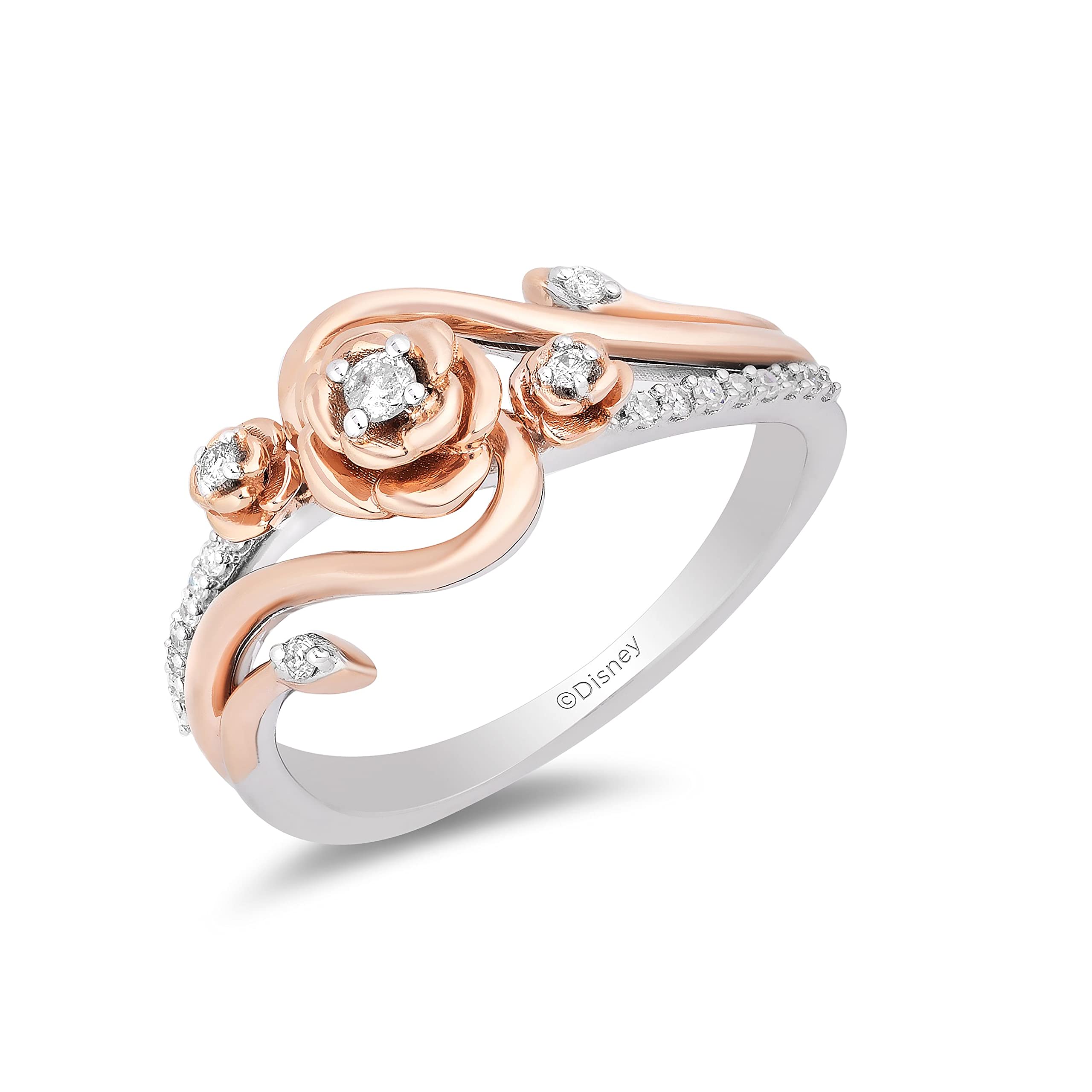 Jewelili Enchanted Disney Fine Jewelry Belle Rose Diamond Ring 1/6 CTTW in 14K Rose Gold over Sterling Silver, Size 9