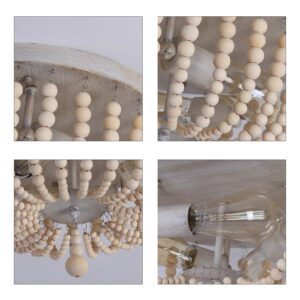 Q&S Wood Beaded Chandelier,Boho Farmhouse Light Fixture,Oak White,3 Lights,Semi Flush Mount Ceiling Light Fixtures for Hallway Baby's Nursery Bedroom Kitchen Living Room