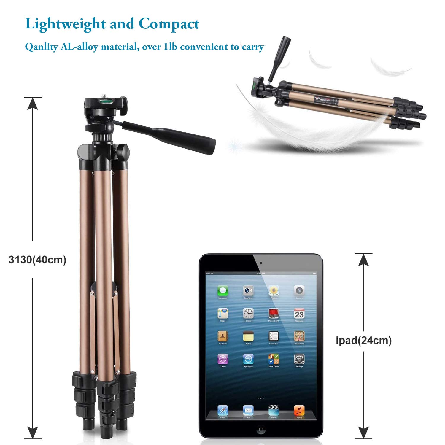 Phone Tripod,51in Adustable Video Recording Camera Tripod Stand with Cellphone Rotation Mount Holder and Bluetooth Remote Compatible with iPhone/Android/DSLR Camera/Action Camera GoPro - Champagne