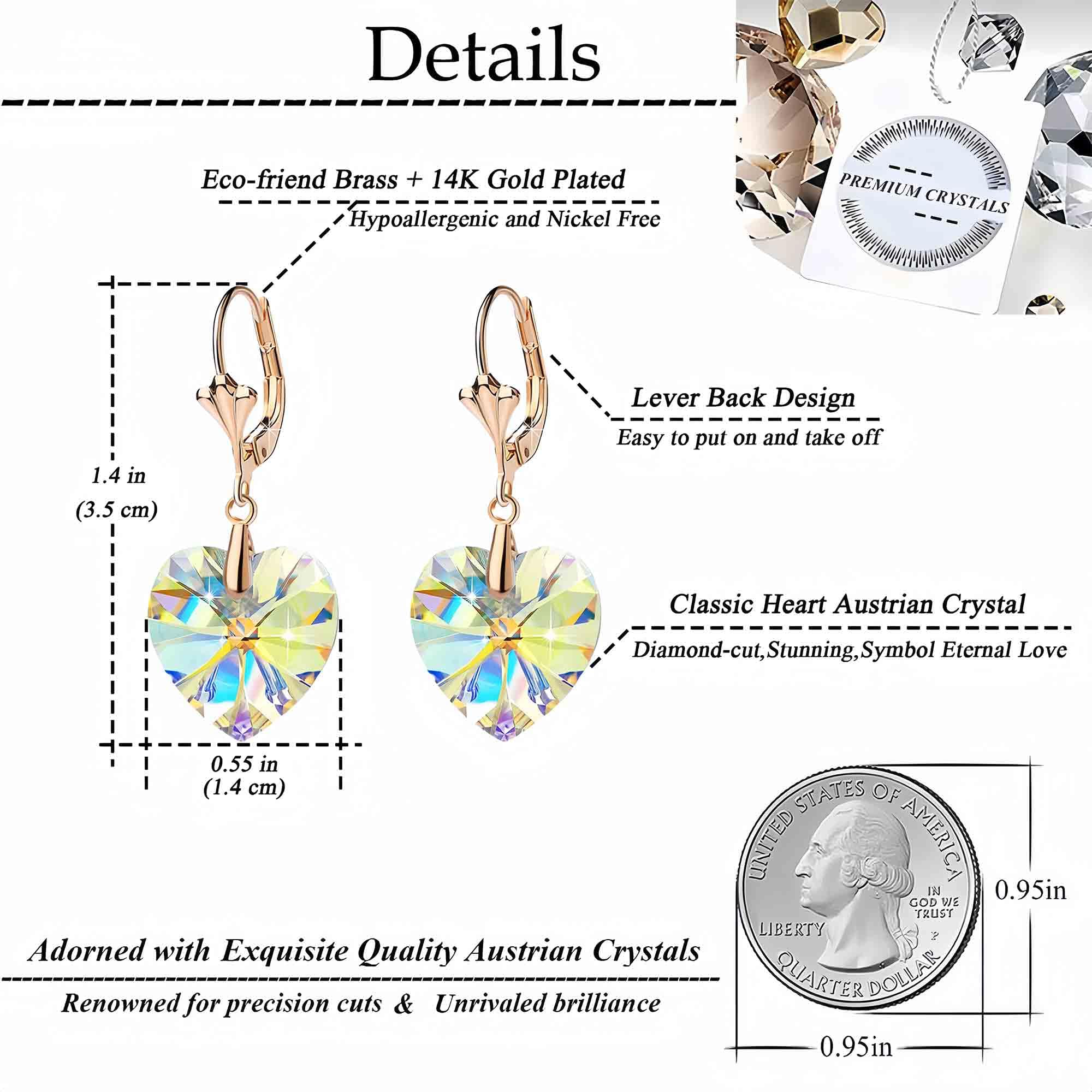 Austrian Crystal Heart Drop Leverback Earrings for Women Fashion Dangle Earring 14K Rose Gold Plated Hypoallergenic Jewelry (Aurora Borealis)