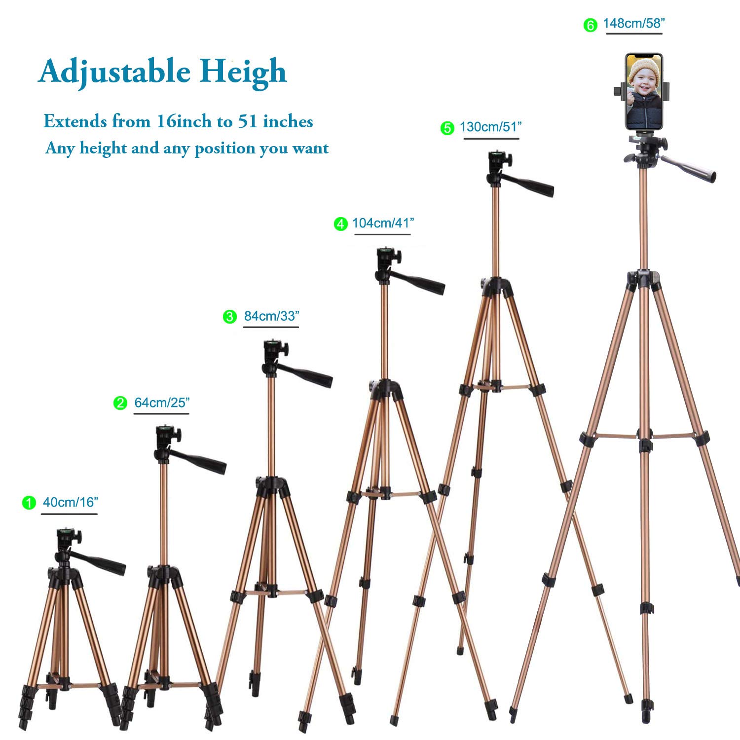 Phone Tripod,51in Adustable Video Recording Camera Tripod Stand with Cellphone Rotation Mount Holder and Bluetooth Remote Compatible with iPhone/Android/DSLR Camera/Action Camera GoPro - Champagne