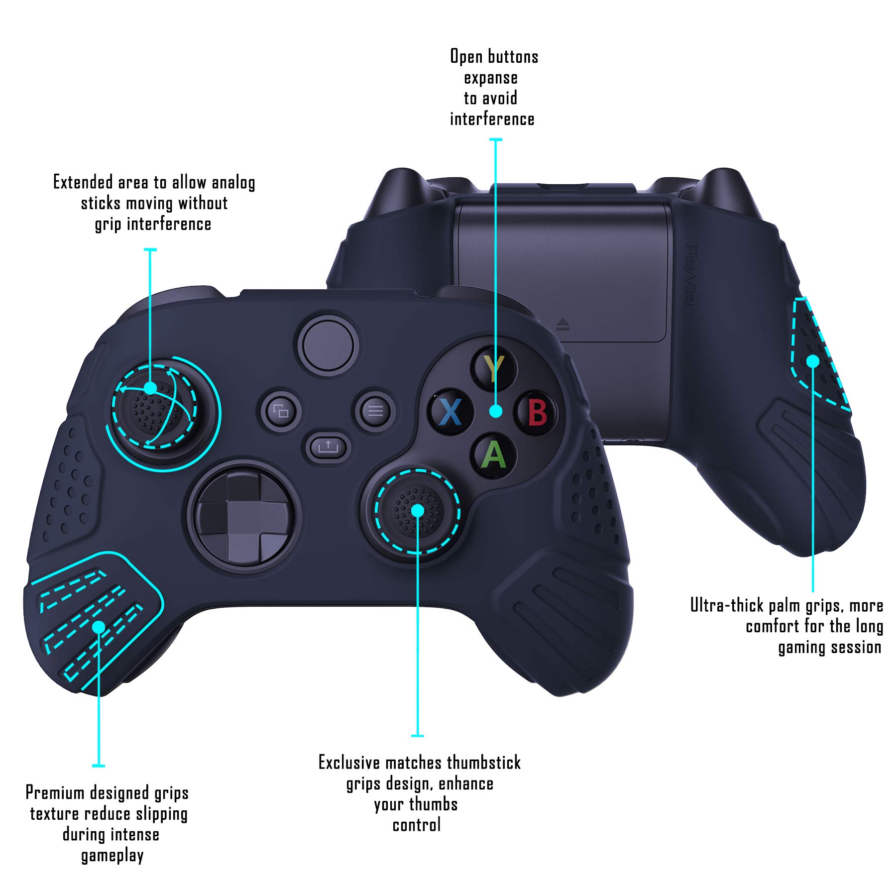 PlayVital Guardian Edition Midnight Blue Ergonomic Soft Anti-Slip Controller Silicone Case Cover, Rubber Protector Skins with Black Joystick Caps for Xbox Series S/X Controller