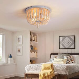 Q&S Wood Beaded Chandelier,Boho Farmhouse Light Fixture,Oak White,3 Lights,Semi Flush Mount Ceiling Light Fixtures for Hallway Baby's Nursery Bedroom Kitchen Living Room