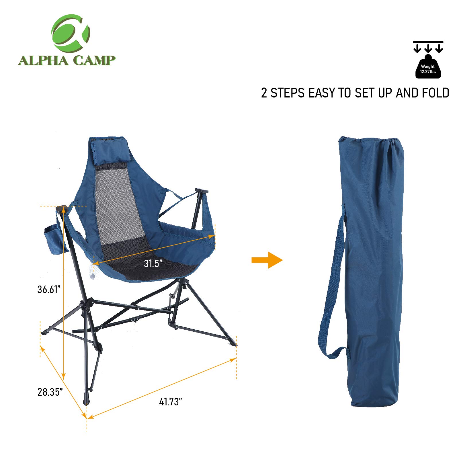 ALPHA CAMP Hammock Folding Rocking Chair with Cup Drink Holder, High Back, for Outdoor,Camping, Lawn,Backyard,Picnic, Steel,Heavy Duty Portable Oversized Capacity-350lbs