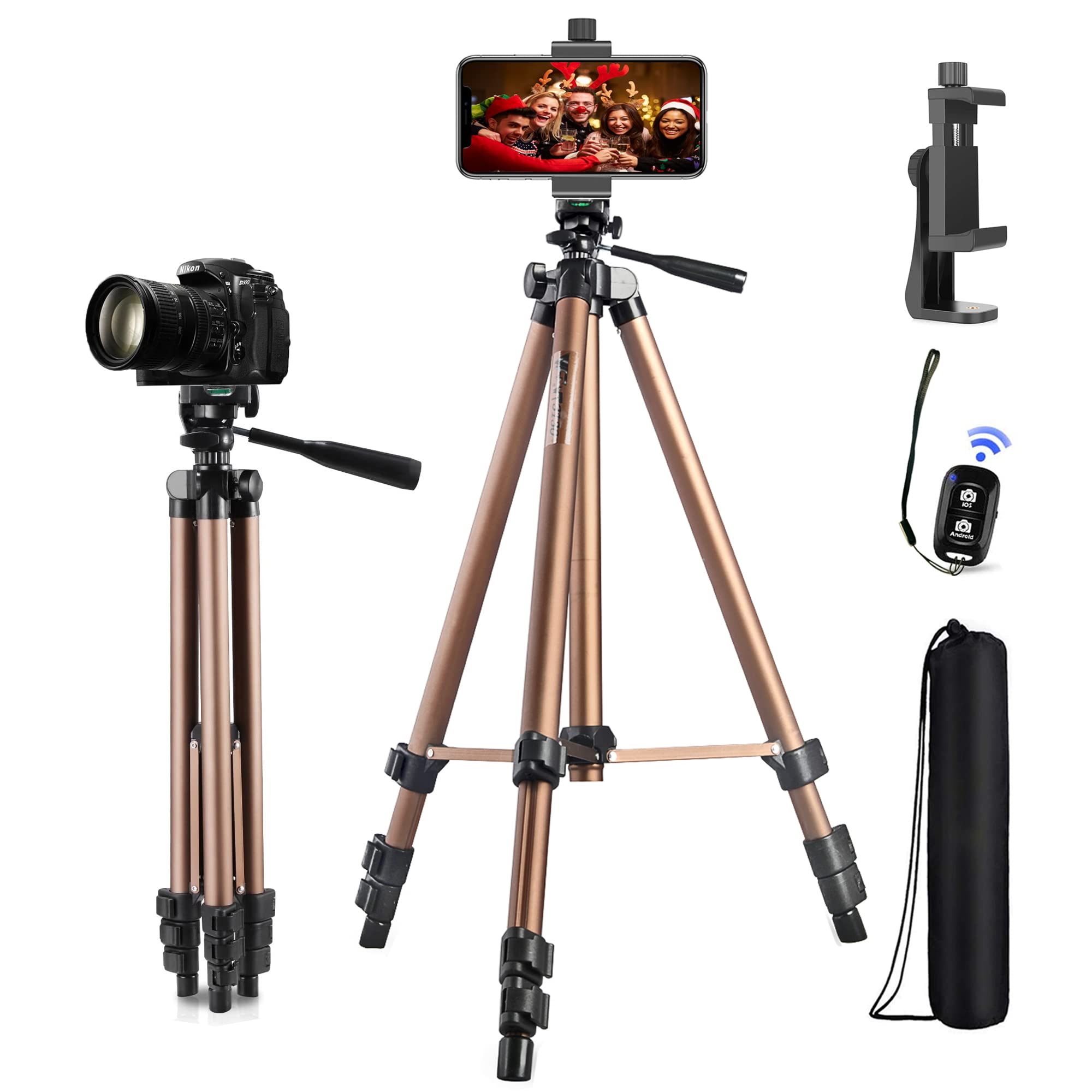 Phone Tripod,51in Adustable Video Recording Camera Tripod Stand with Cellphone Rotation Mount Holder and Bluetooth Remote Compatible with iPhone/Android/DSLR Camera/Action Camera GoPro - Champagne