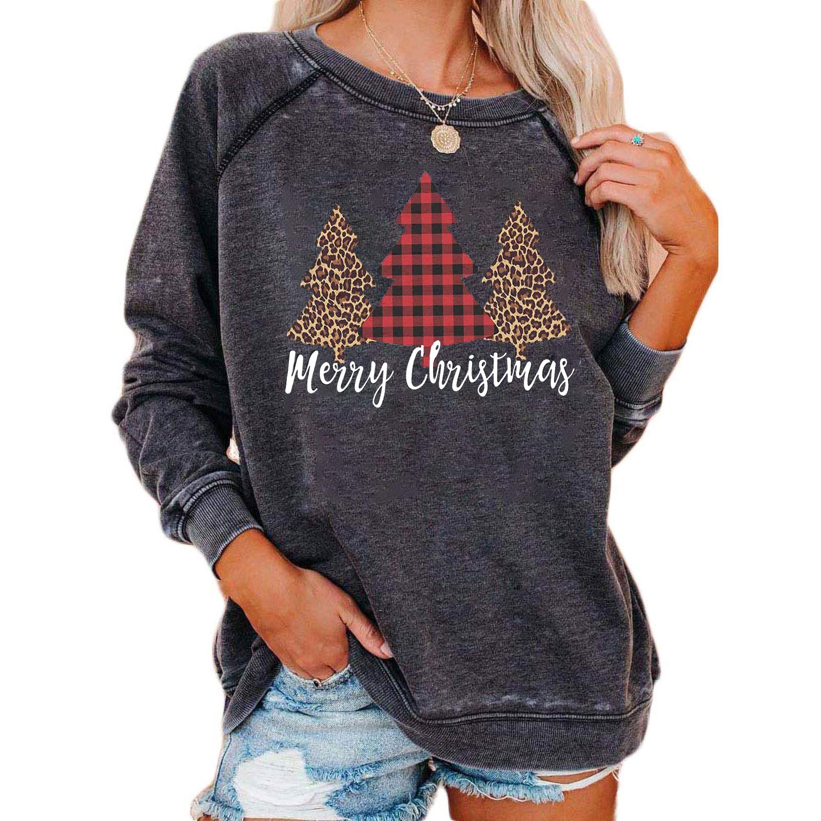 LUKYCILD Christmas Trees Sweatshirt Women Plaid Leopard Graphic Long Sleeve Pulllover Tops