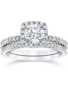 1 ct diamond cushion halo engagement wedding ring set 14k white gold - size 6