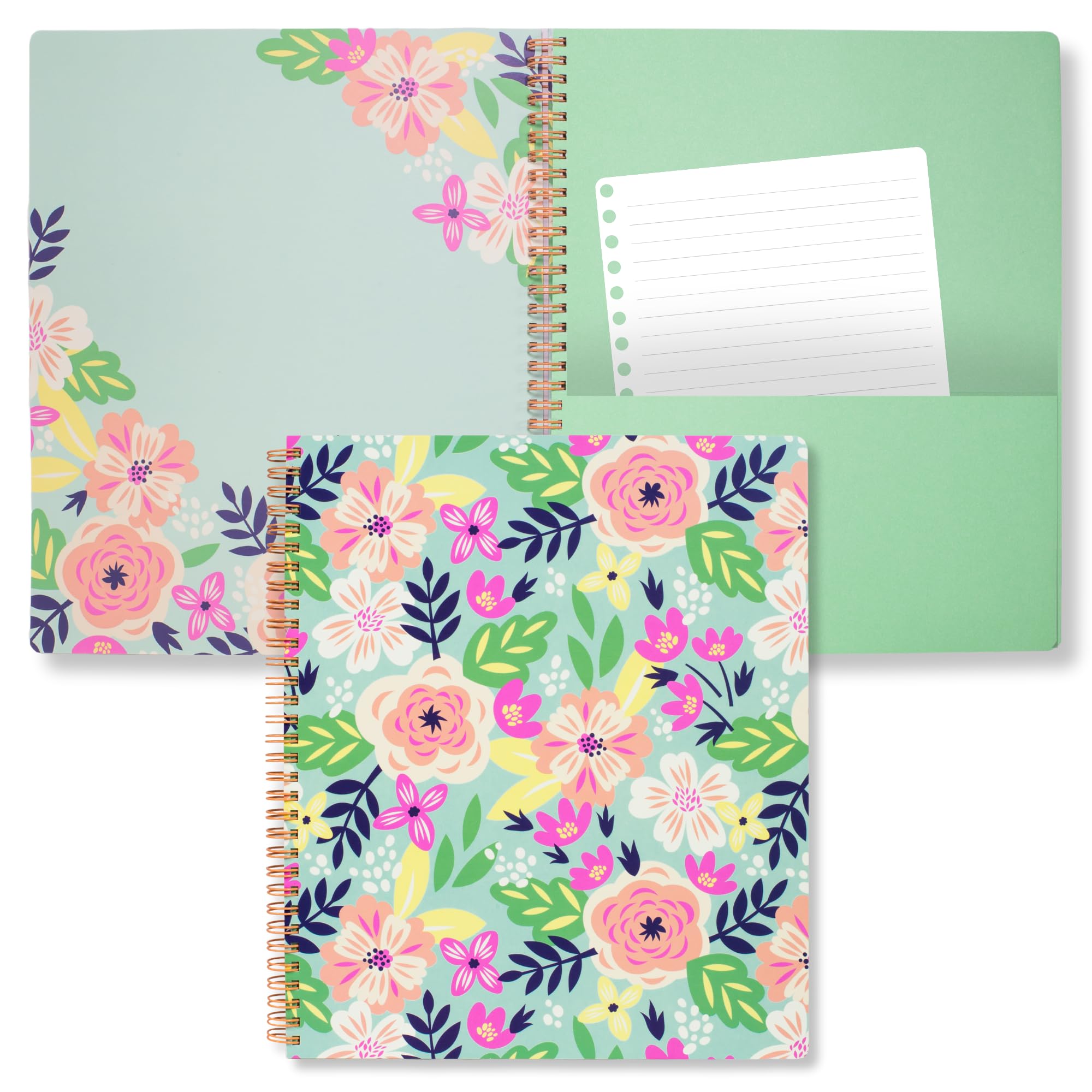 Steel Mill & Co Cute Large Spiral Notebook College Ruled, 11" x 9.5" with Durable Hardcover and 160 Lined Pages, Mint Floral