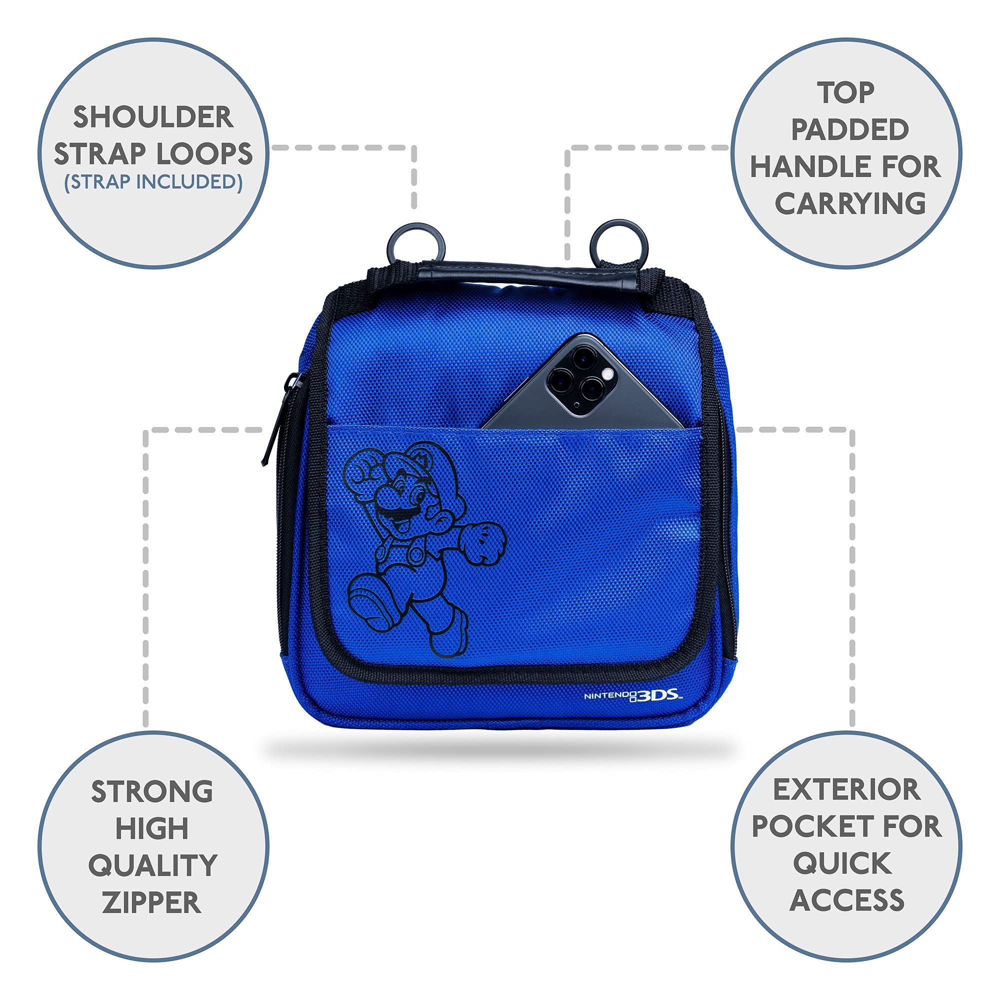 Nintendo 3DS Carrying Case Compatible With Nintendo Switch, 2DS, 3DS, 3DS XL, DS, DS XL, DS Light Handle & Shoulder Strap Traveling Carry Case With Hard Zipper Blue Officially licensed