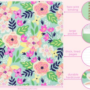 Steel Mill & Co Cute Large Spiral Notebook College Ruled, 11" x 9.5" with Durable Hardcover and 160 Lined Pages, Mint Floral