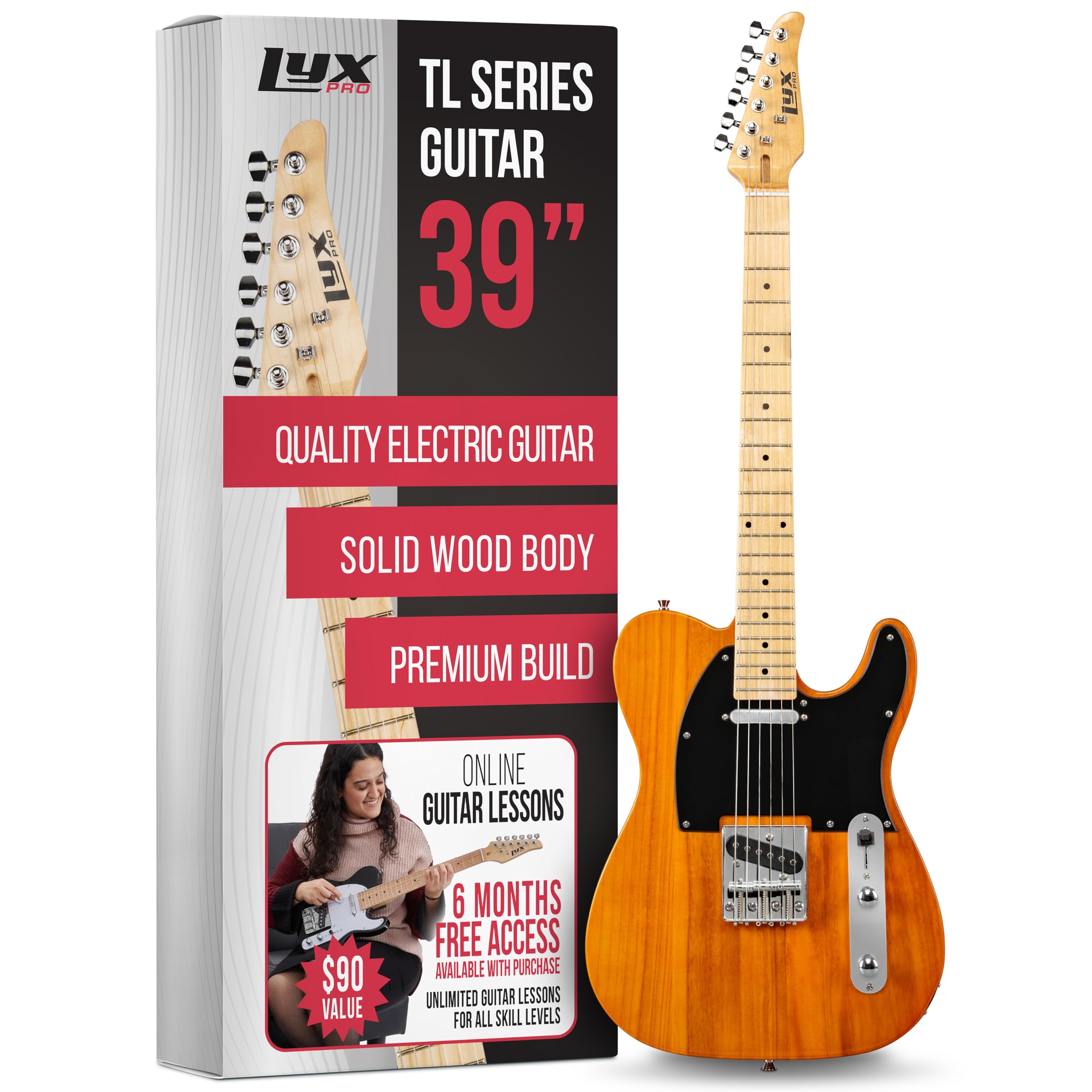 LyxPro 39” Electric Guitar TL Series, Full-Size Paulownia Wood Body, 3-Ply Pickguard, C-Shape Neck, Ashtray Bridge, Quality Gear Tuners, 3-Way Switch & Volume/Tone Controls, 2 Picks Included, Mahogany