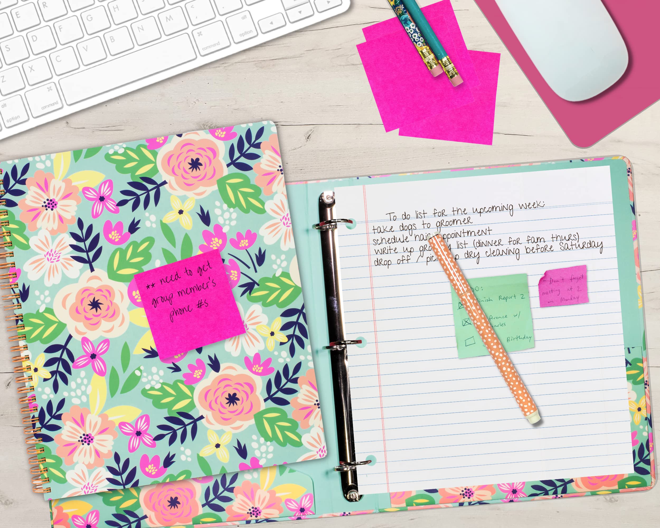 Steel Mill & Co Cute Large Spiral Notebook College Ruled, 11" x 9.5" with Durable Hardcover and 160 Lined Pages, Mint Floral