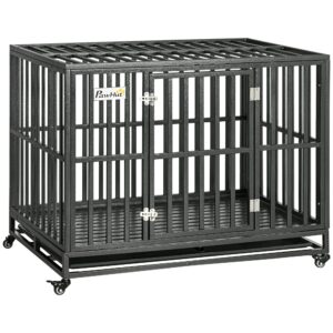 pawhut heavy duty dog crate metal kennel and cage dog playpen with lockable wheels, slide-out tray and anti-pinching floor, 45" x 29.5" x 35"