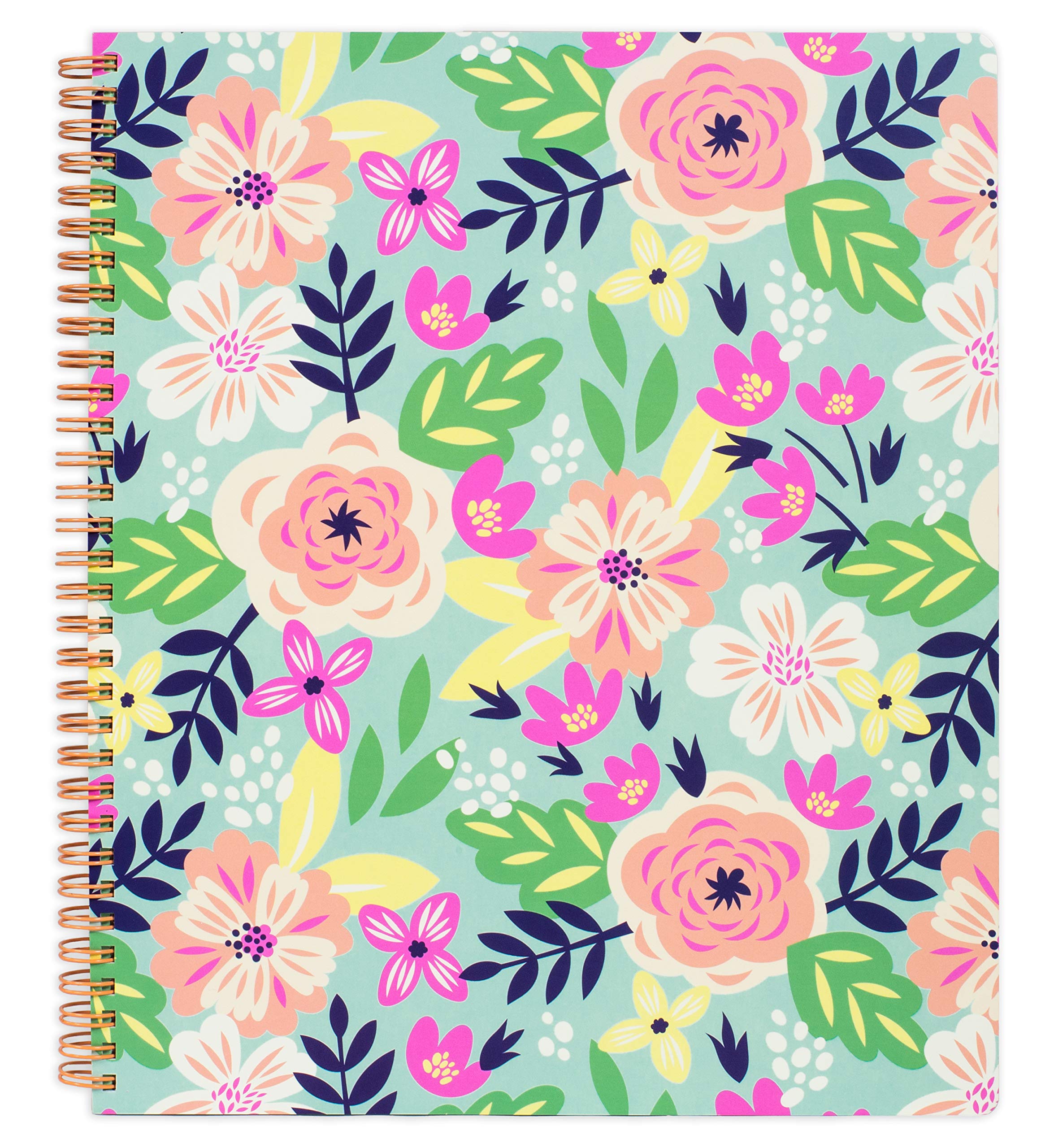 Steel Mill & Co Cute Large Spiral Notebook College Ruled, 11" x 9.5" with Durable Hardcover and 160 Lined Pages, Mint Floral