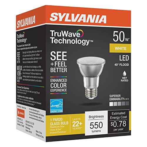 SYLVANIA LED TruWave Natural Series PAR20 Light Bulb, 50W Equivalent, Efficient 6W, Medium Base, Dimmable, 3000K, White - 1 Pack (40920)