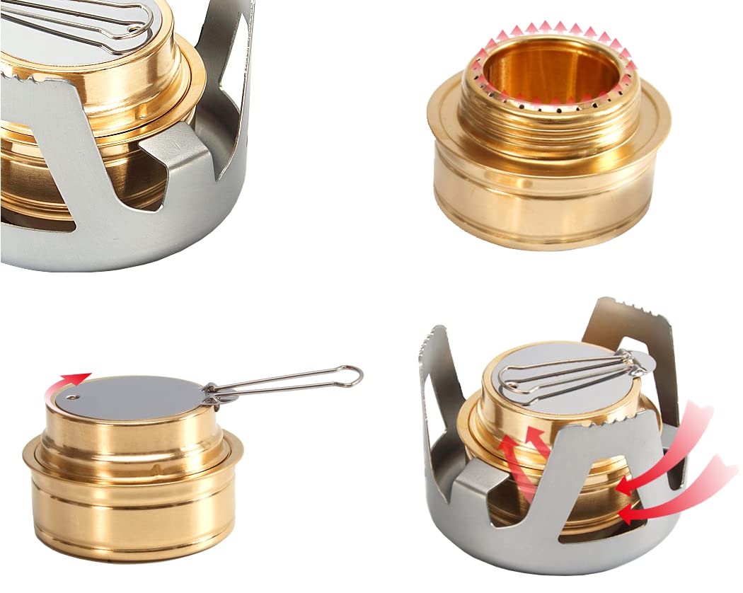 DZRZVD Mini Alcohol Backpacking Stove, Lightweight Brass Spirit Burner with Aluminium Stand for Camping Hiking and Picnic (Gold)