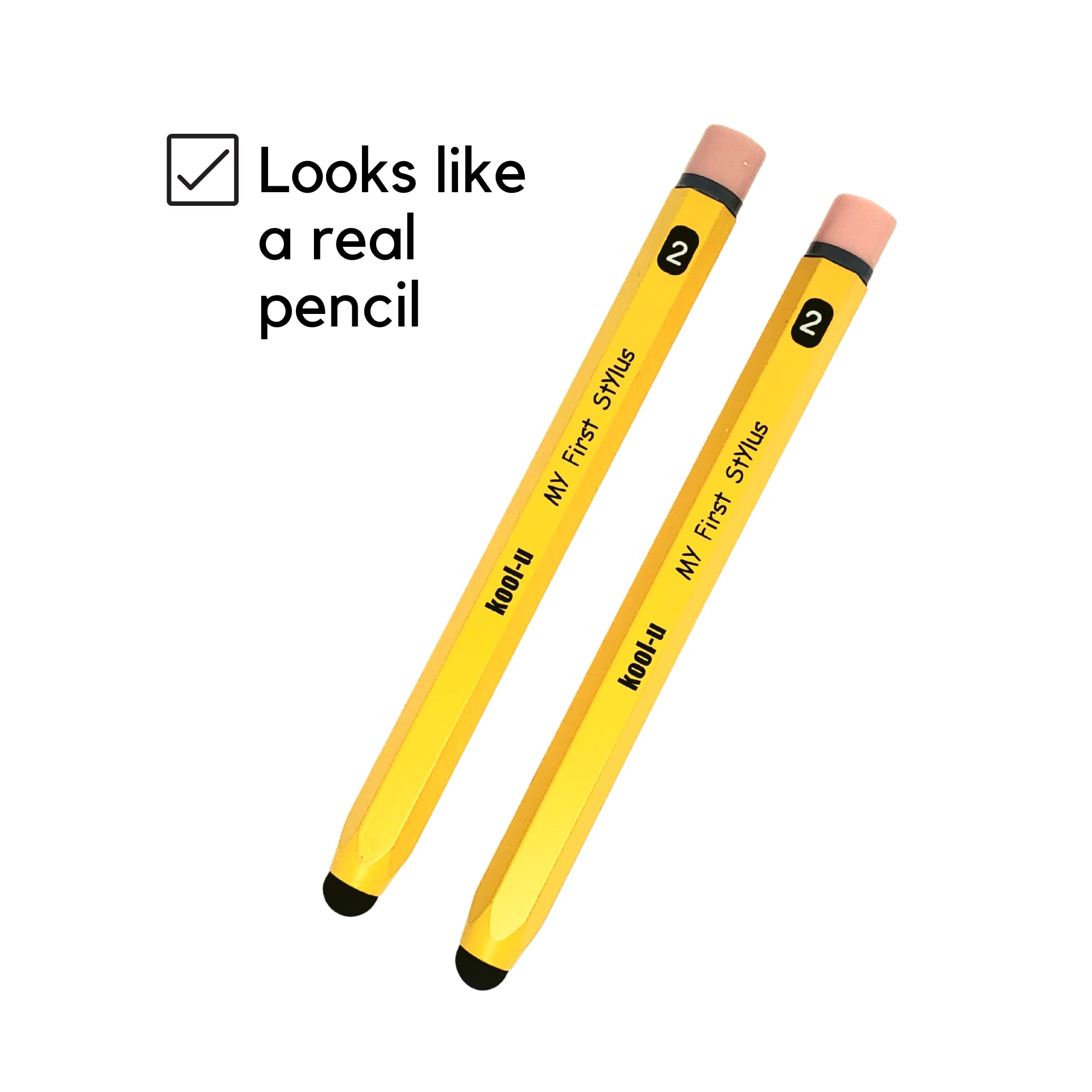 KOOL-U Stylus Pens for Kids, Hexagon Shaped Like a Real Pencil, Compatible with All Touch Screen Devices - Apple IPAD, iPhone, Samsung Galaxy Tab, Amazon Fire - 2 Pack