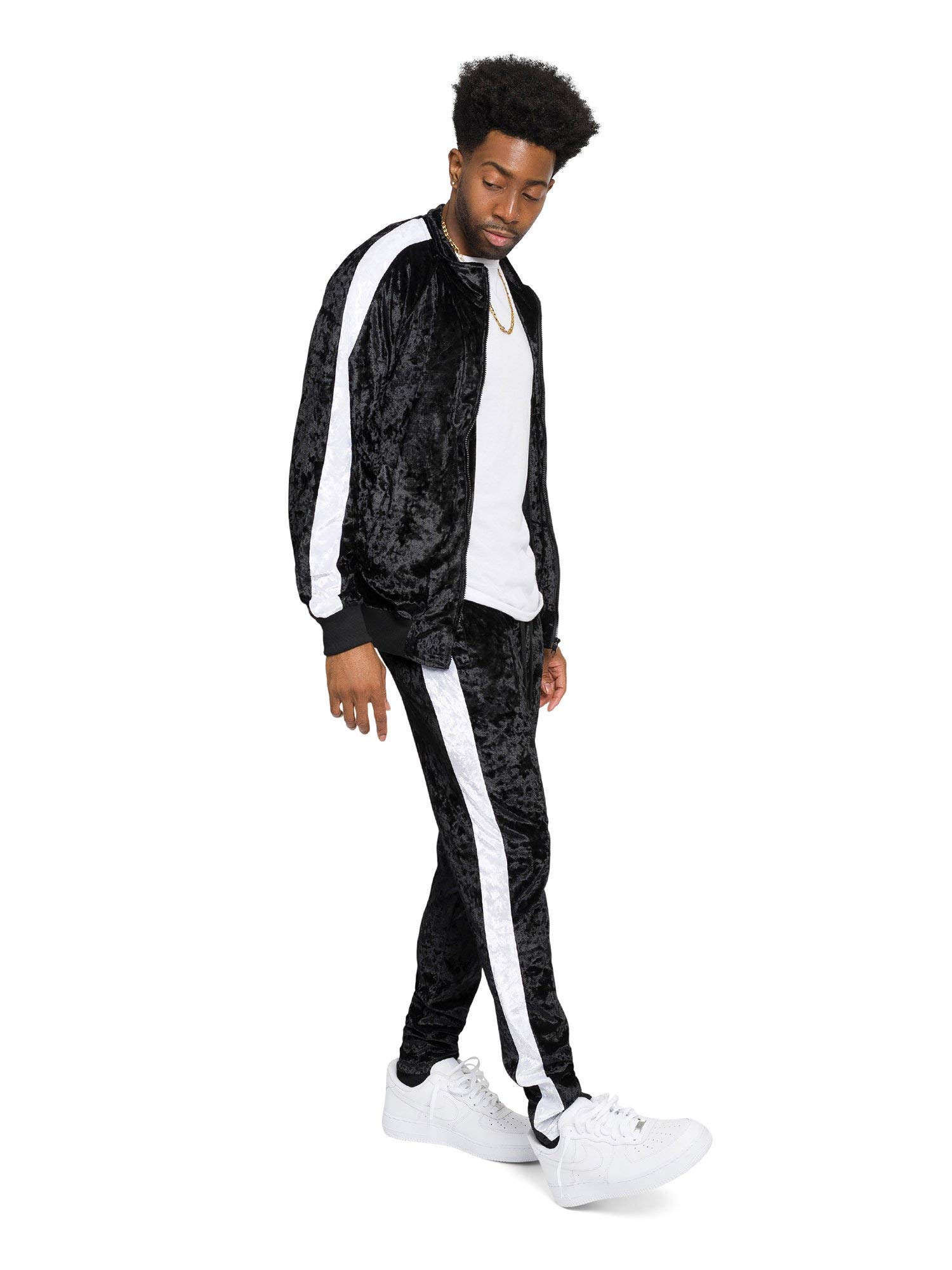 G-Style USA Men's Velvet Velour Tracksuit Set - Zipper Jacket and Sweatpants ST851 - Black - Large