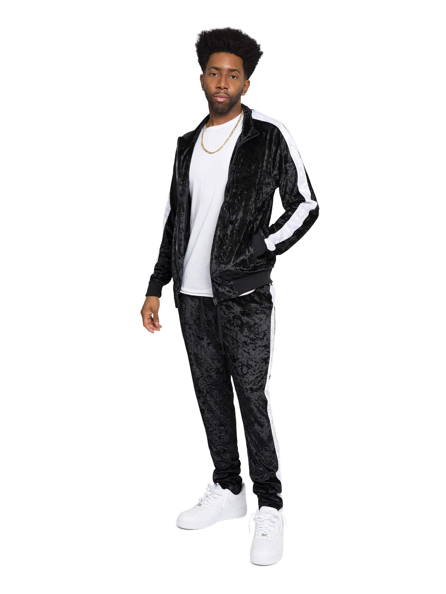 G-Style USA Men's Velvet Velour Tracksuit Set - Zipper Jacket and Sweatpants ST851 - Black - Large