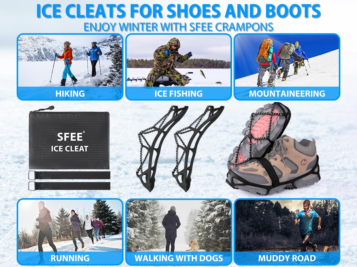 Sfee Ice Cleats Ice Grippers for Shoes and Boots, Crampons Traction Cleats for Walking on Snow and Ice Anti-Slip Flexible Footwear Snow Grips for Walking Climbing Hiking Jogging with 2 Straps