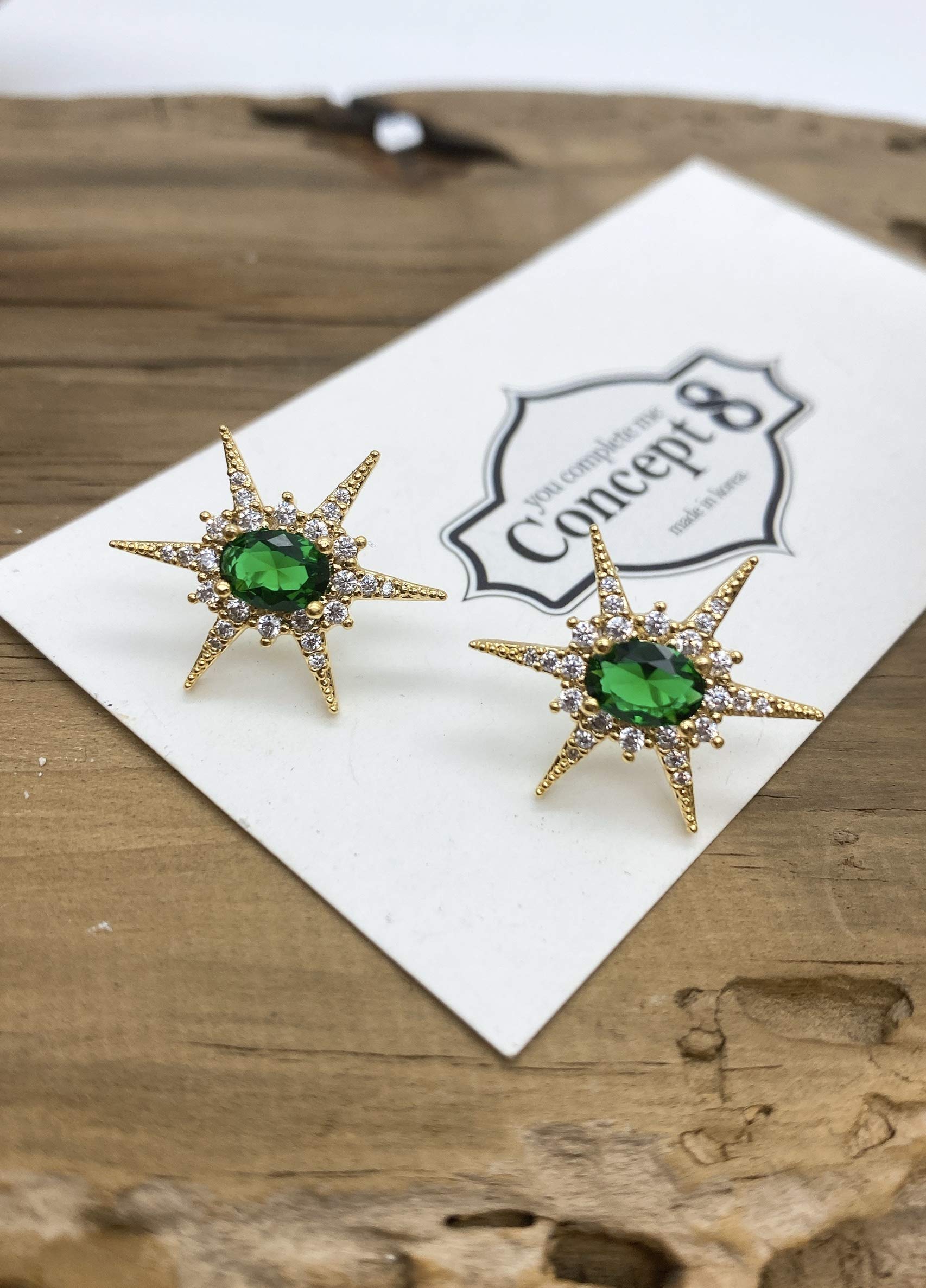 Concept8 colored glass 18K gold plated 925 silver post earrings made in korea (emerald)