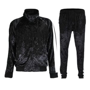 g-style usa men's velvet velour tracksuit set - zipper jacket and sweatpants st851 - black - large