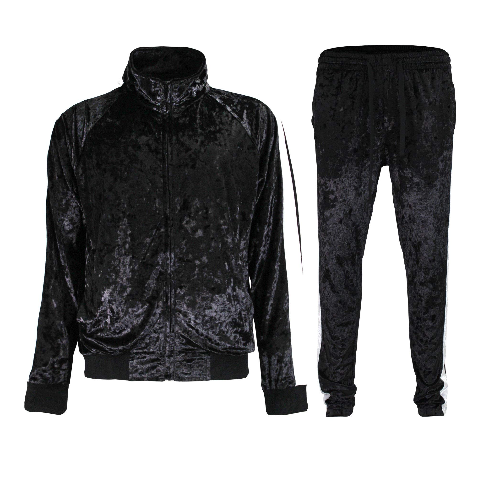 G-Style USA Men's Velvet Velour Tracksuit Set - Zipper Jacket and Sweatpants ST851 - Black - Large