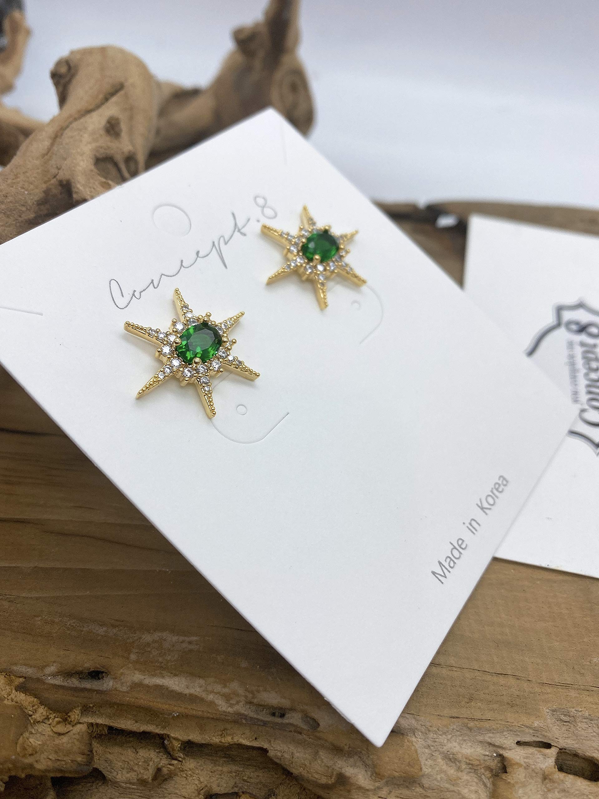 Concept8 colored glass 18K gold plated 925 silver post earrings made in korea (emerald)