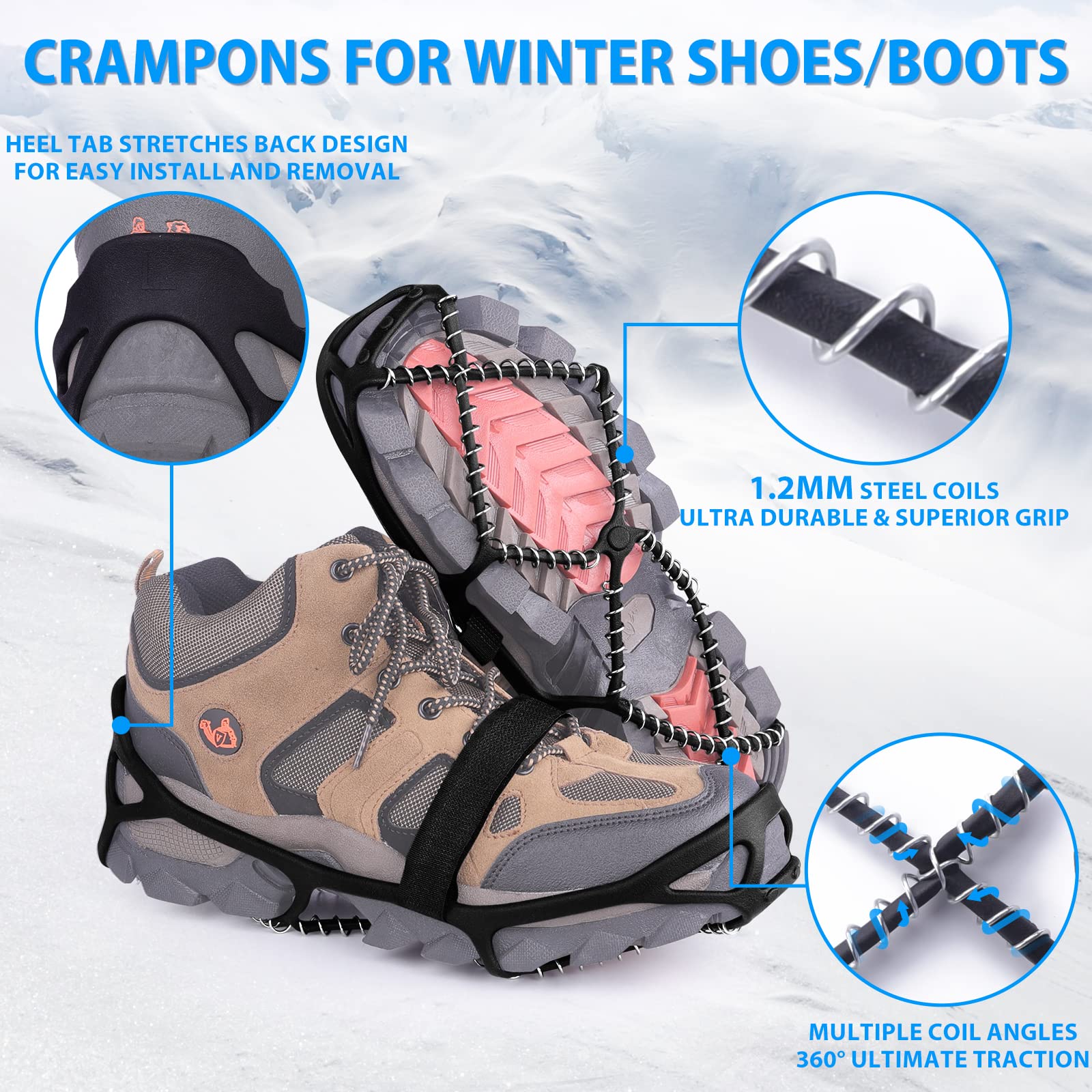 Sfee Ice Cleats Ice Grippers for Shoes and Boots, Crampons Traction Cleats for Walking on Snow and Ice Anti-Slip Flexible Footwear Snow Grips for Walking Climbing Hiking Jogging with 2 Straps