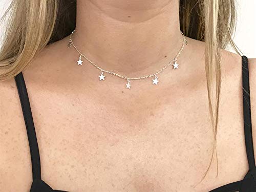 Sora Tuki Silver Star Choker Necklace, 14inch Adjustable, Dainty Jewelry for Women & Teen Girls, 14K Gold Plated