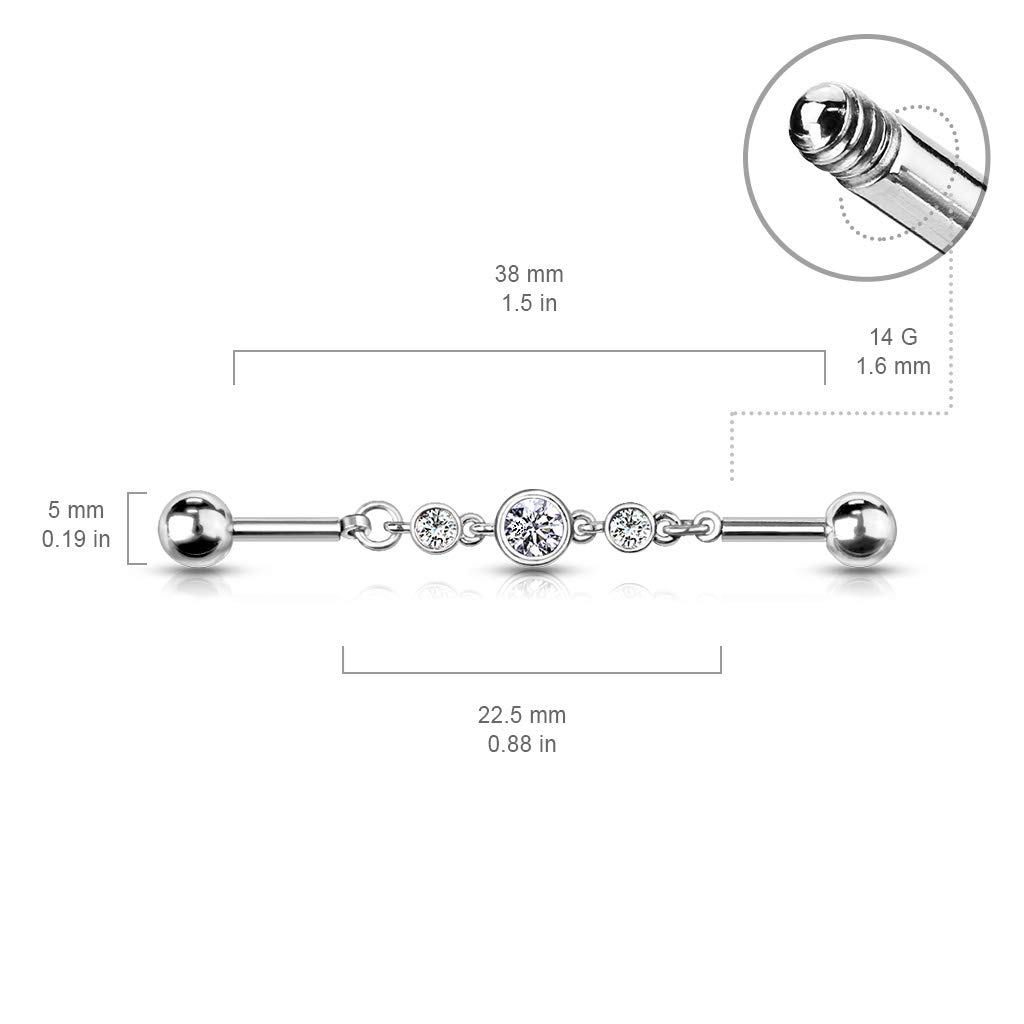 Amelia Fashion 14 Gauge Triple Round CZ Chain Industrial Barbell 316L Surgical Steel (Choose Color) (Clear)