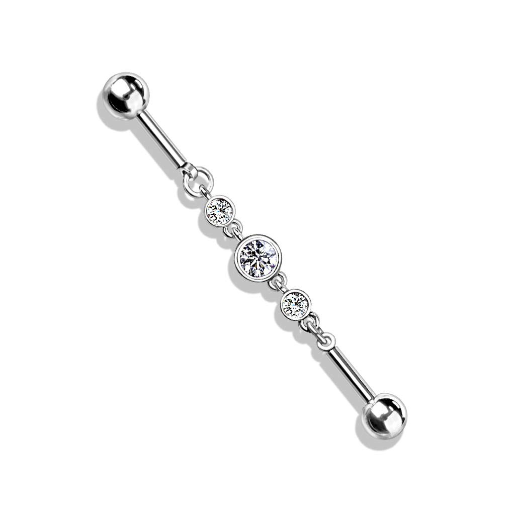 Amelia Fashion 14 Gauge Triple Round CZ Chain Industrial Barbell 316L Surgical Steel (Choose Color) (Clear)