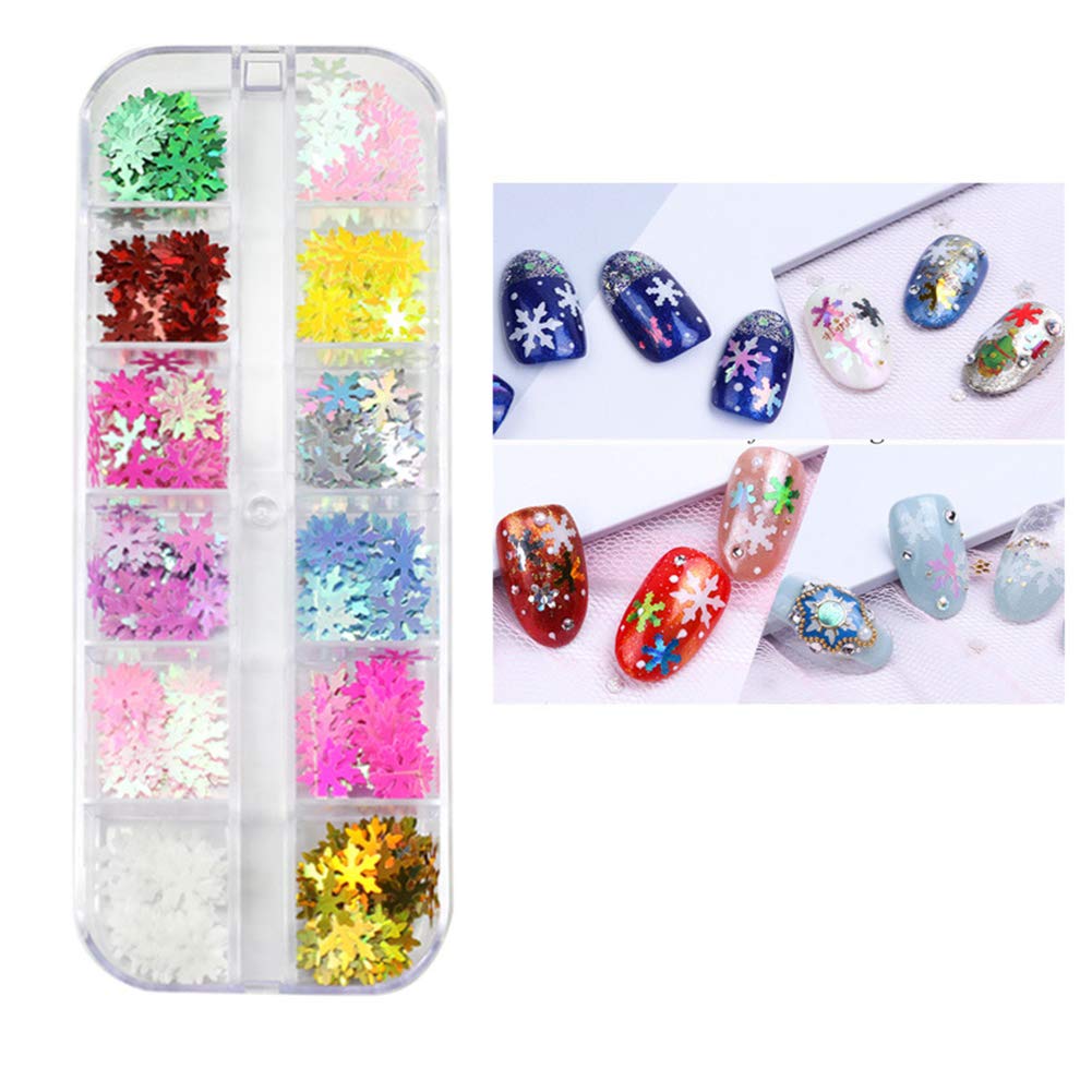 12 Colors Christmas Nail Art Glitters Snowflakes Nail Sequins 3D Nail Art Decals Holographic Laser Nail Flakes Stickers Acrylic Nails Design Glitter Xmas Nail Art Supplies Decorations