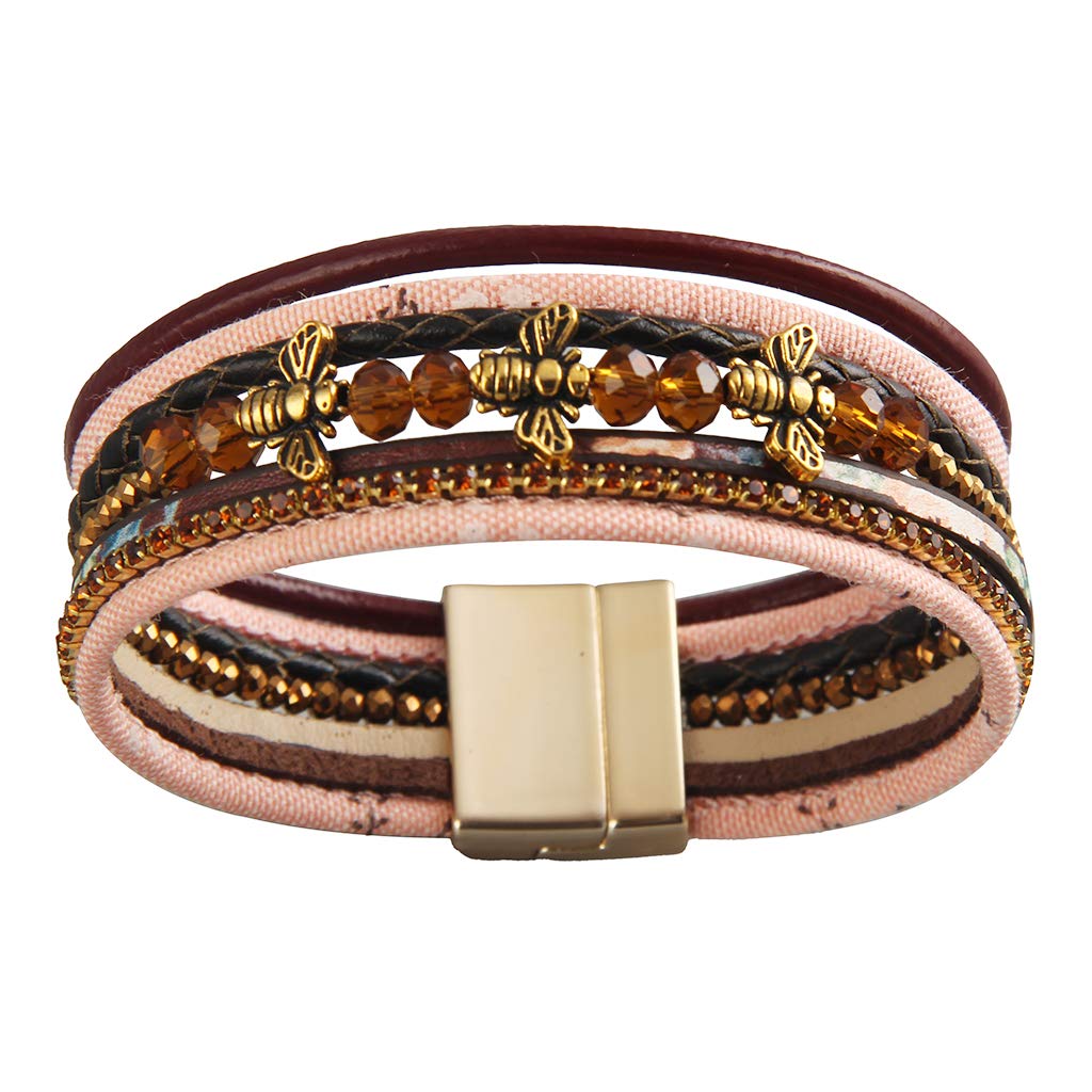 GelConnie Leather Wrap Bracelet Women's Leather Cuff Bracelets Honey Bee Multi Strand Boho Bracelet for Women